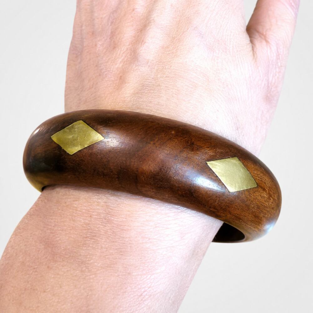 Wood & Brass Vintage Bracelet Bangle, Chunky Brown Tribal Ethnic bn-1